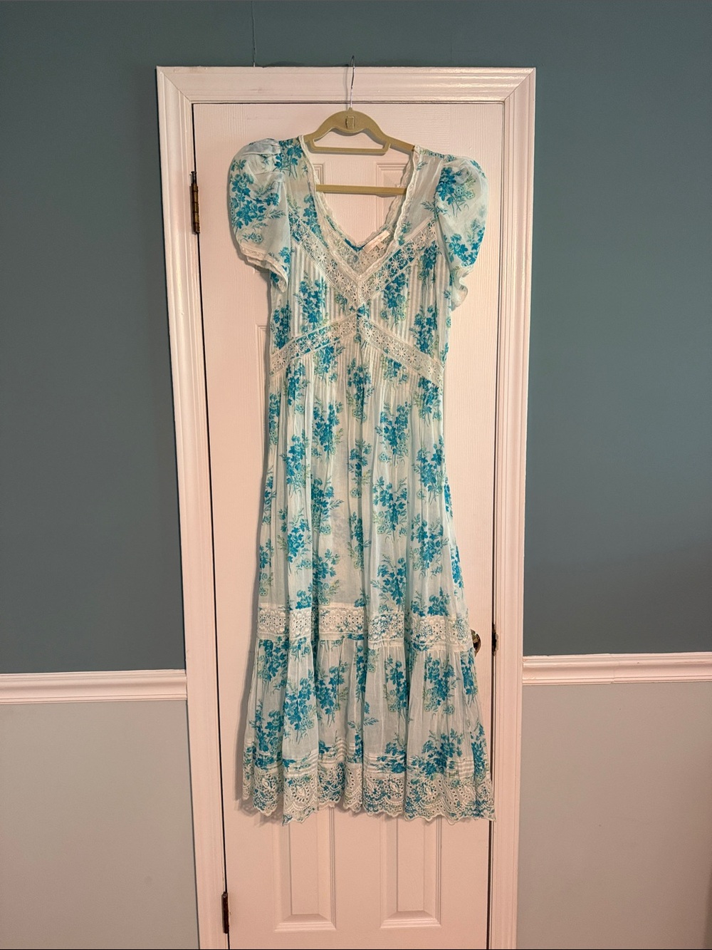 LoveShackFancy Light Blue Floral Lace Maxi Dress